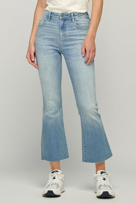 Lt Blue Frayed Hem Flare Jeans