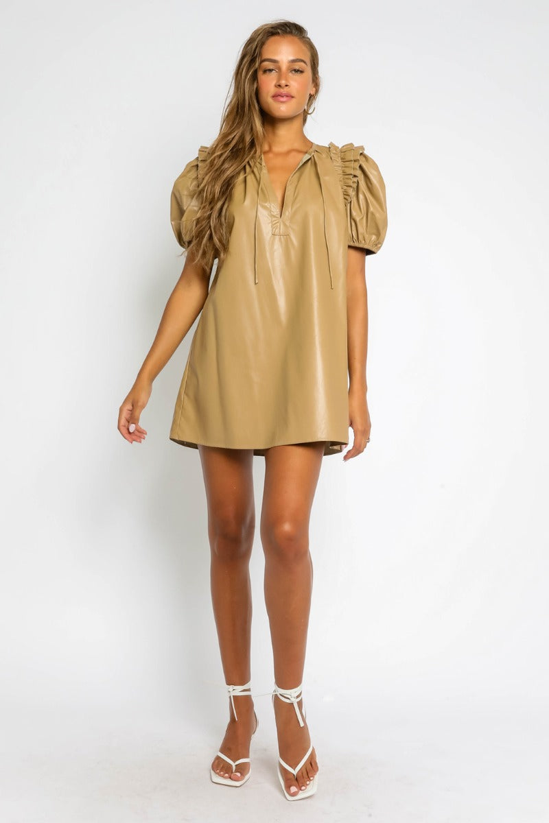 Natural Brown Leather Puff Sleeve Dress