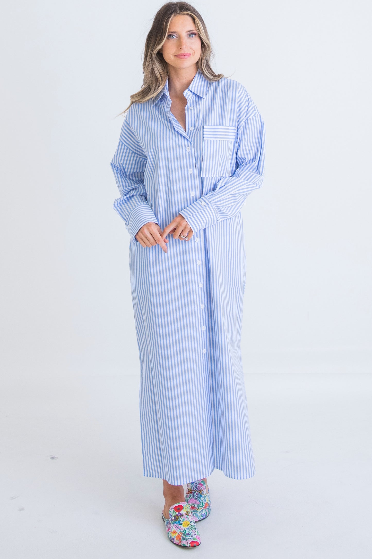 Blue Stripe Poplin Maxi Shirt Dress
