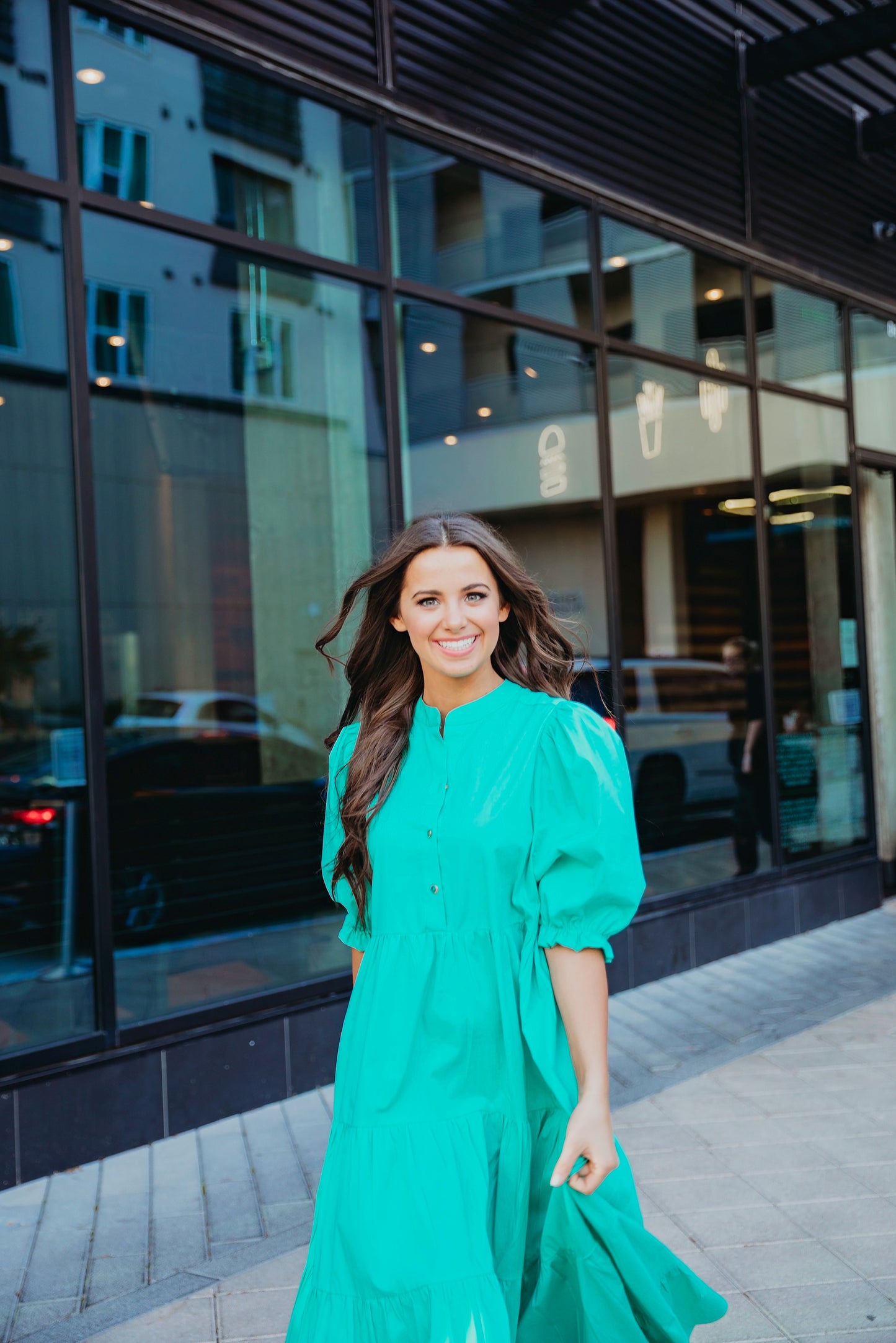 Teal Poplin Puff Slv Tier Dress