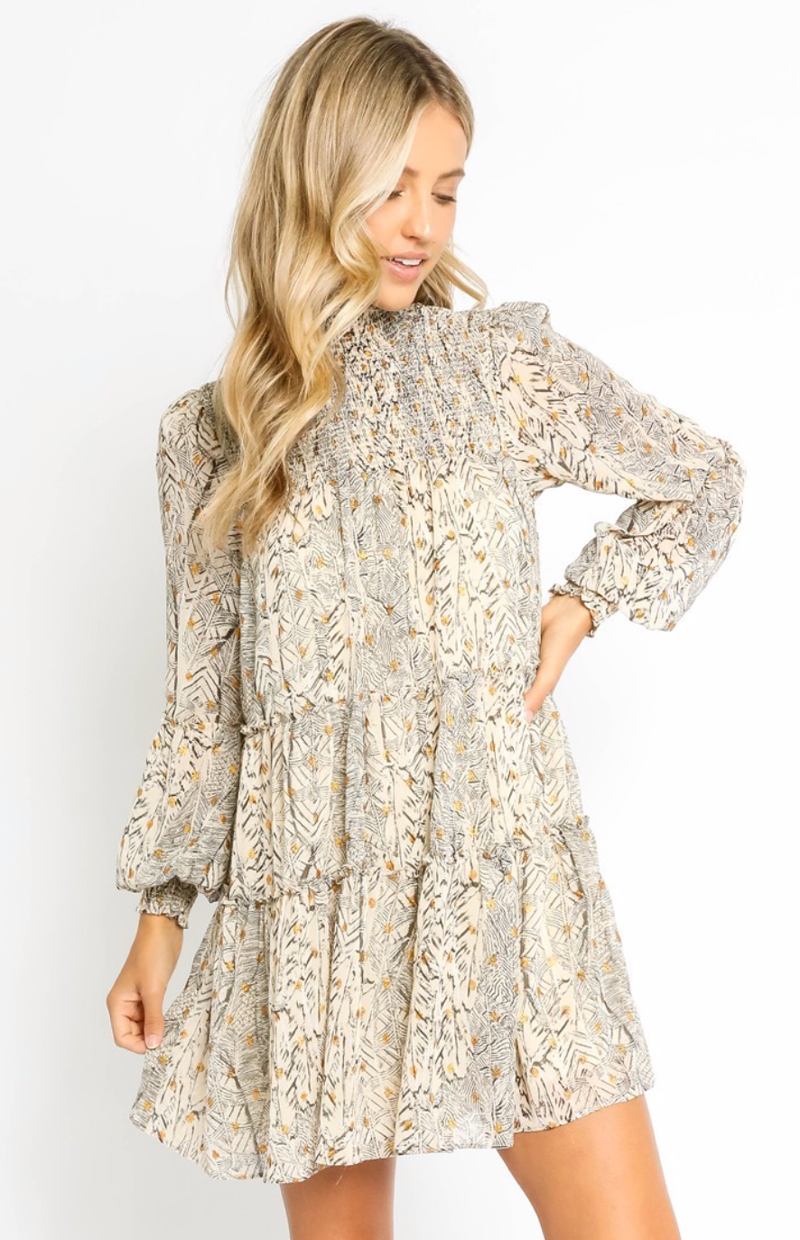 Cream Black Foil Ruched Dress