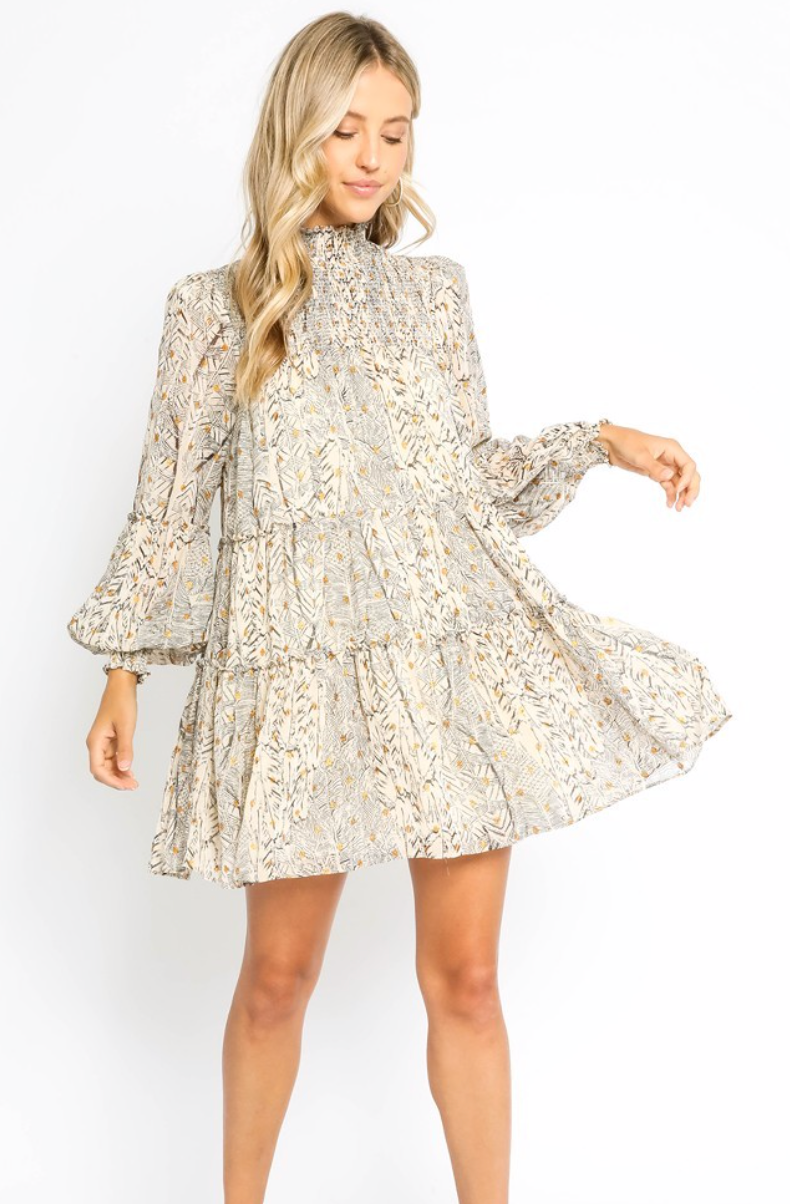 Cream Black Foil Ruched Dress