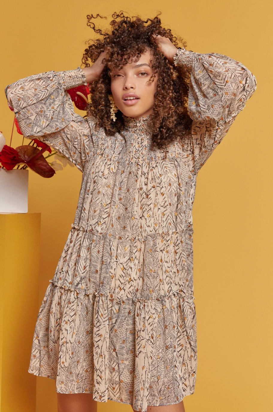Cream Black Foil Ruched Dress
