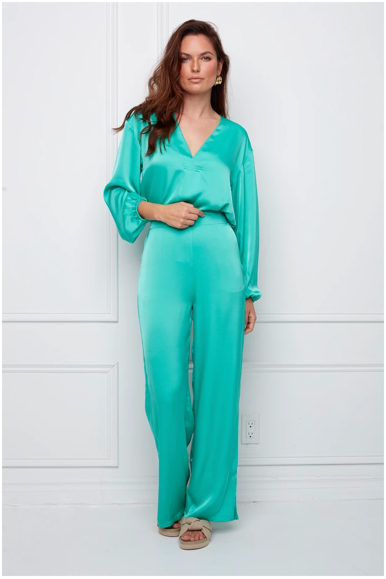 Pool Green Victoria Satin Slit Bottom Pant
