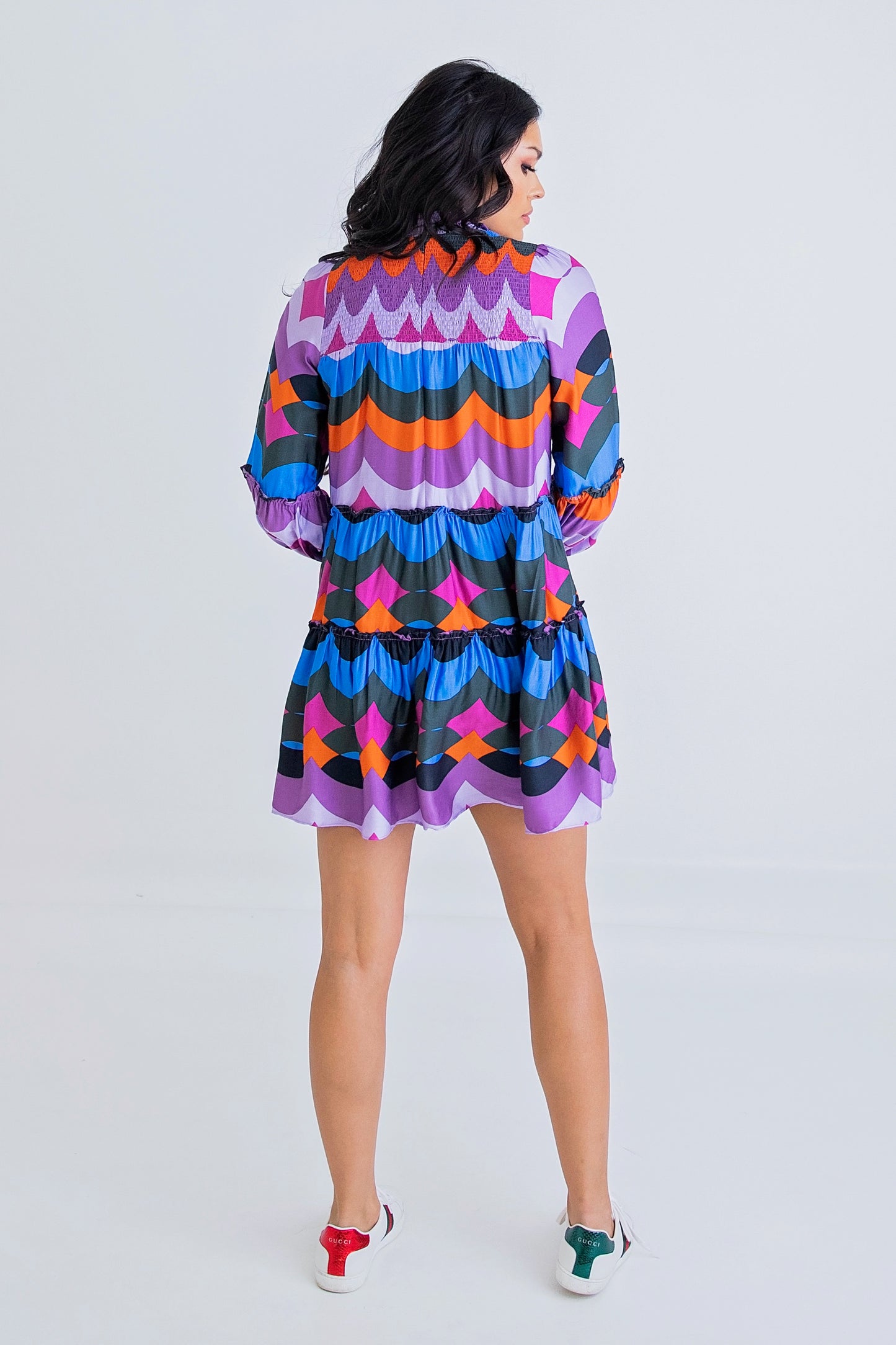 Multi Swirl Mock Neck Smock Dress