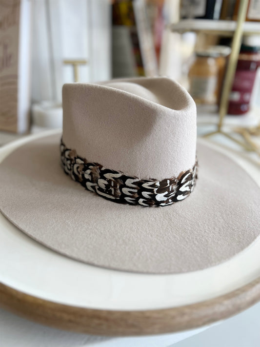 Cream Suede Hat w/ Brown/White Scallop Feathers