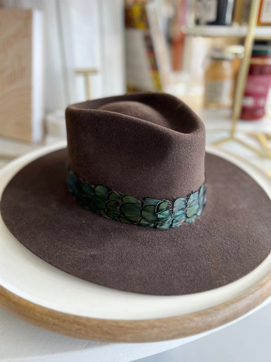 Chocolate Suede Hat w/ Irridescent Feathers