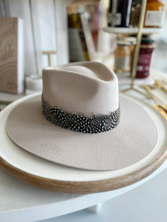 Cream Suede Hat w/ Brown/White Dotted Feathers