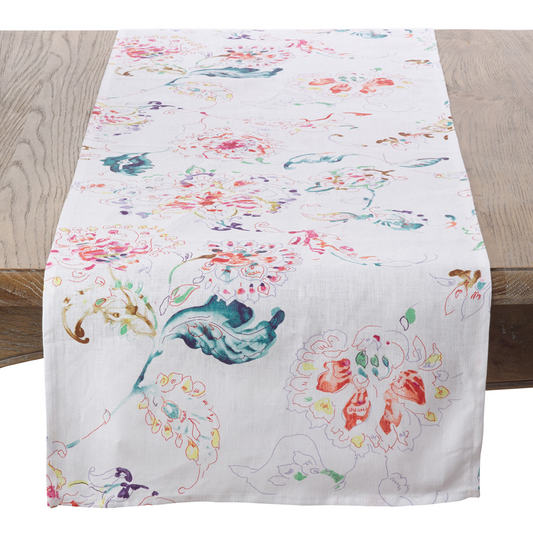 White Printed Floral Table Runner