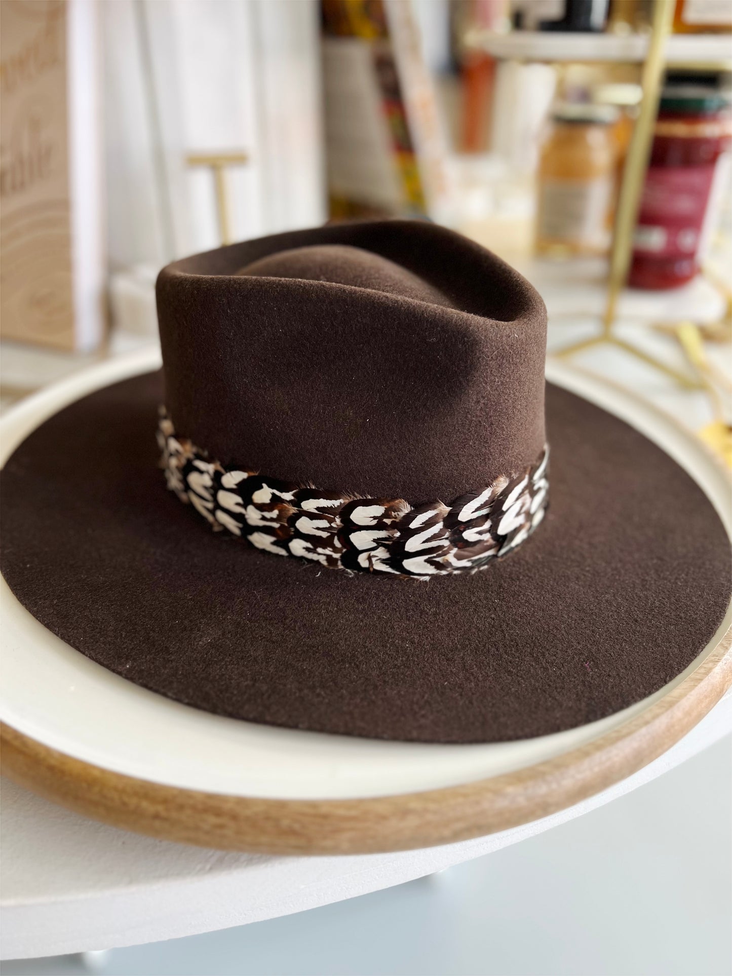 Chocolate Suede Hat w/ Brown/White Scallop Feathers