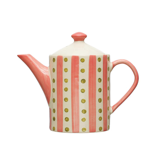 Pink/Green Stoneware Teapot & Strainer