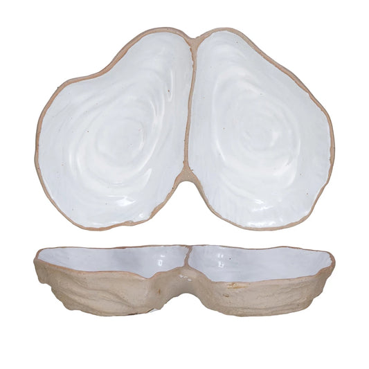 Stoneware Oyster Shell Shaped Dish w/ 2 Sections