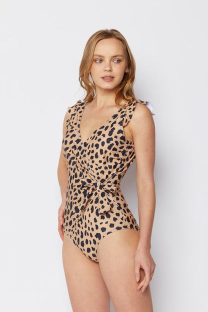 Brown Leopard Ruffle Vneck Swimsuit