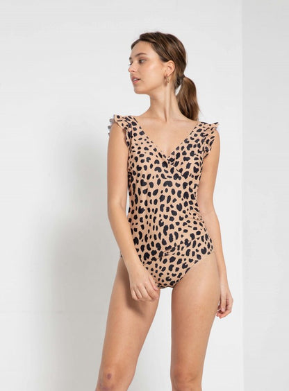 Brown Leopard Ruffle Vneck Swimsuit