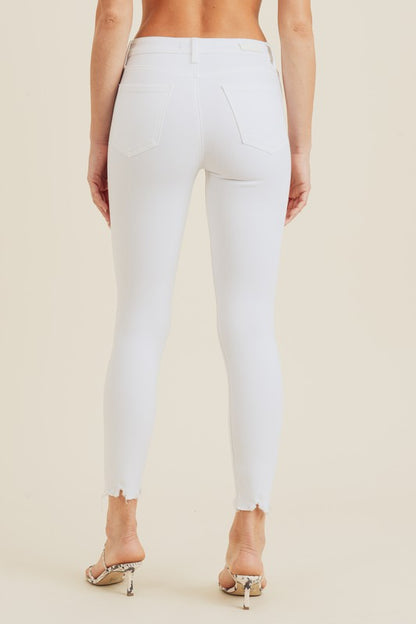 White Mid Rise Frayed Skinny Jean