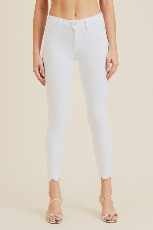 White Mid Rise Frayed Skinny Jean