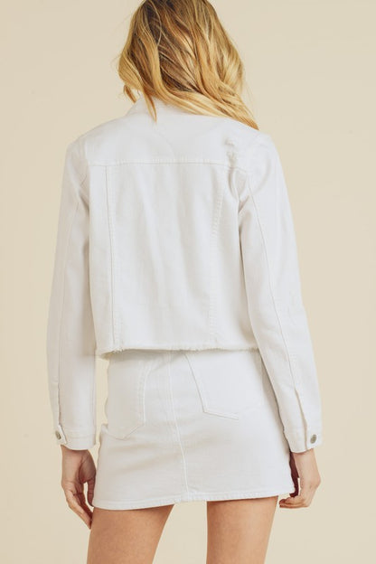 White Cropped Frayed Hem Jacket