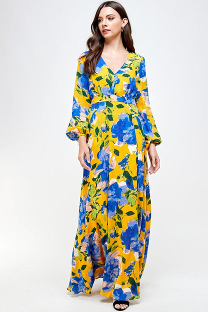 Yellow/Blue Long Sleeve Floral Dress