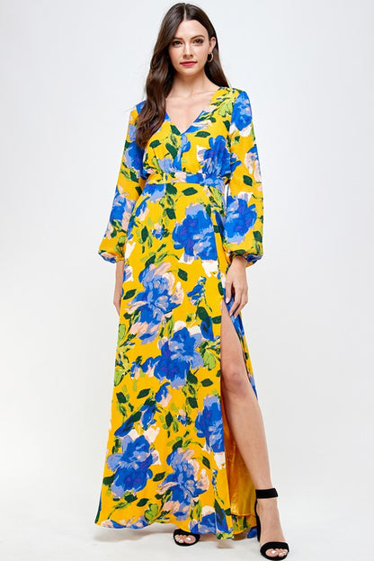 Yellow/Blue Long Sleeve Floral Dress