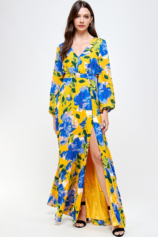 Yellow/Blue Long Sleeve Floral Dress
