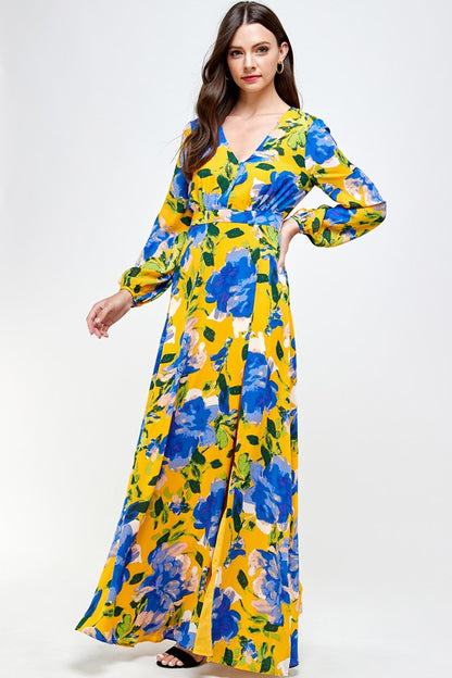 Yellow/Blue Long Sleeve Floral Dress