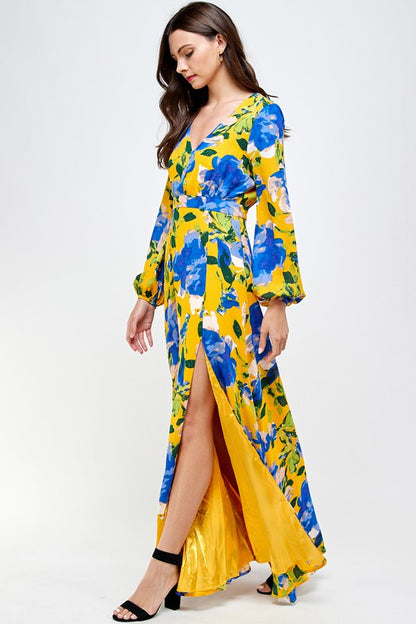 Yellow/Blue Long Sleeve Floral Dress
