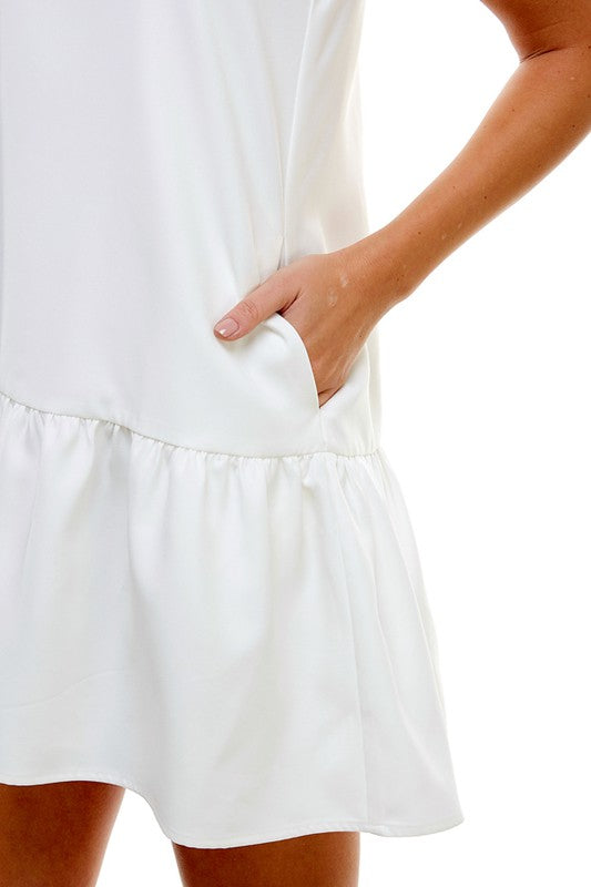 White S/L Drop Waist Ruffle Hem Dress