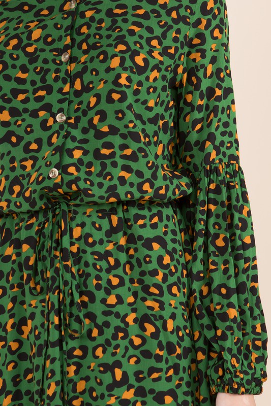 Green Leopard Tie Waist Dress