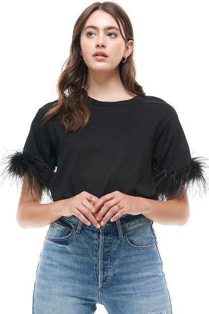 Black Feather Trimmed S/S Top