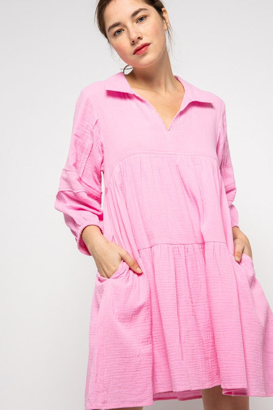 Pink L/S Collared Mini Dress