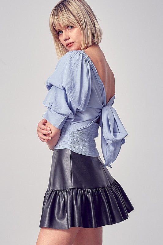 Blue Puff Slv Tie Back Top