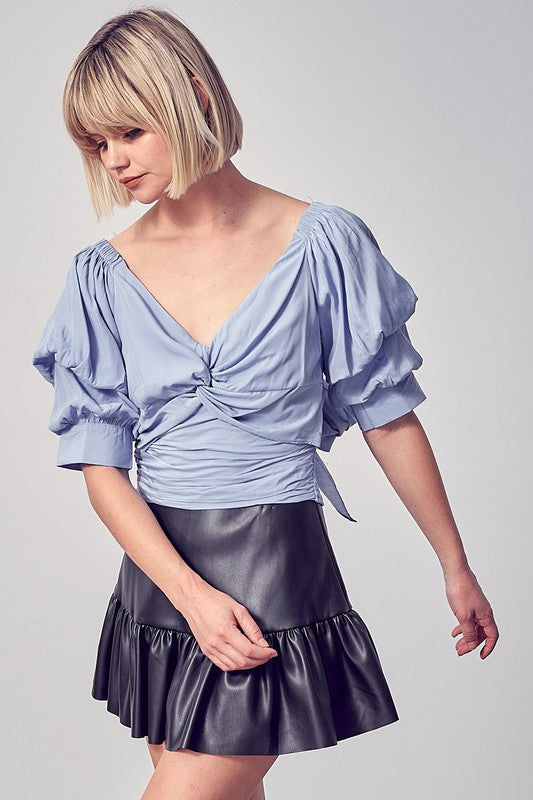 Blue Puff Slv Tie Back Top