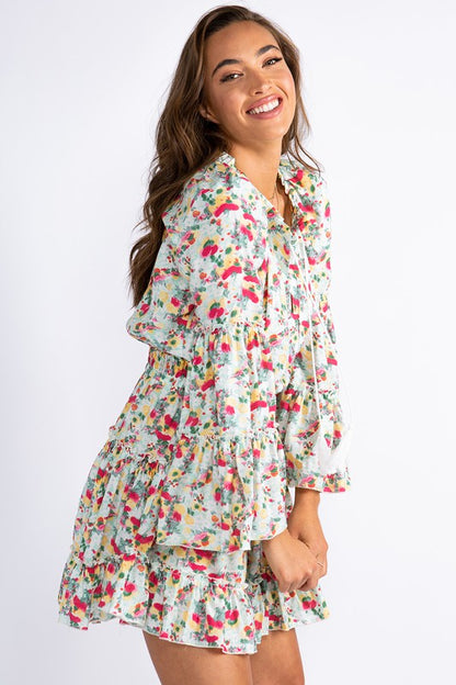 Mint Floral Bell Sleeve Mini Dress