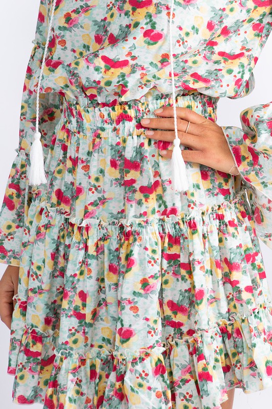 Mint Floral Bell Sleeve Mini Dress