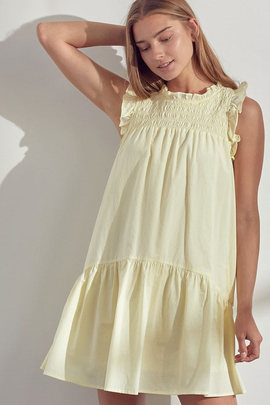 Custard Cream Sleeveless Dress w/ Smocked Top