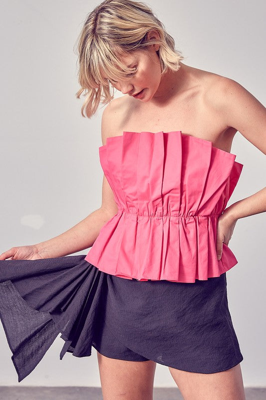 Hot Pink Strapless Pleated Top