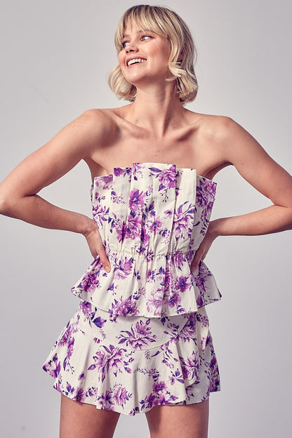 White/Purple Floral Linen Strapless Pleated Top