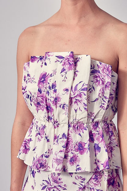 White/Purple Floral Linen Strapless Pleated Top