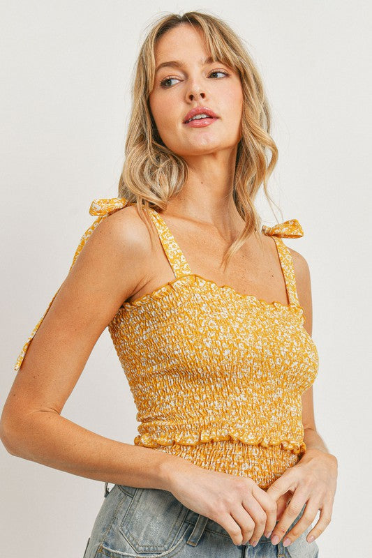 Yellow Floral Smocked Tie Tank