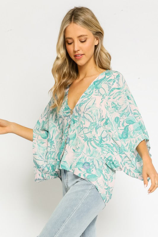 Green Floral Tropical Top