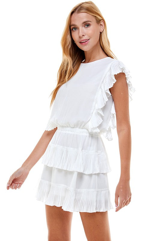White Side Pleated Ruffle Dress