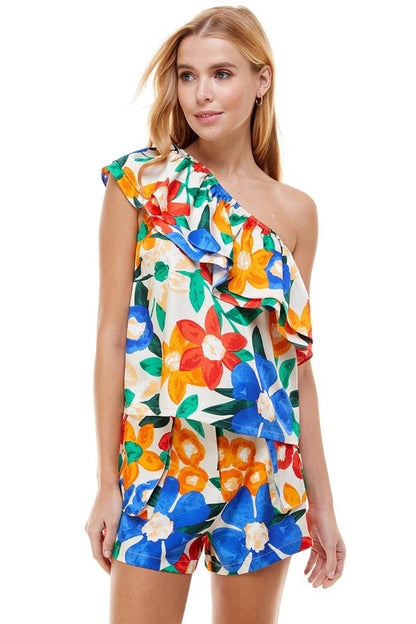 One Shldr Floral Print Ruffle Top