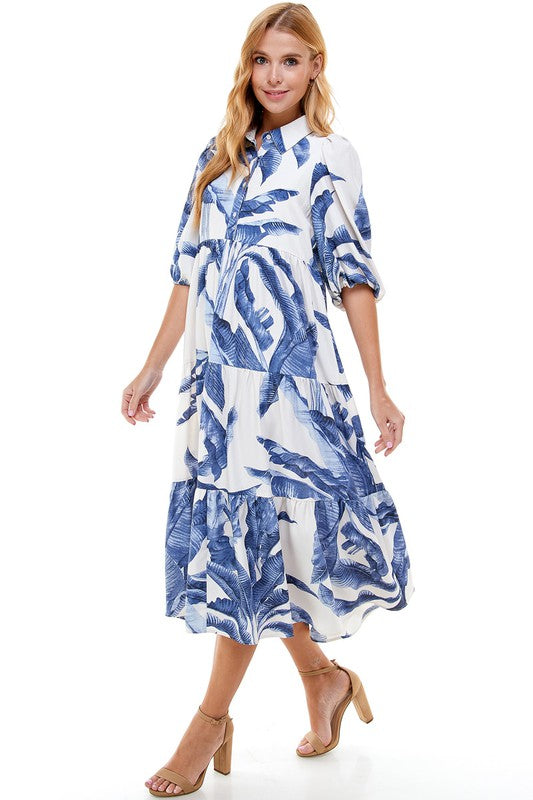 Blue Palm Print Maxi Collar Dress