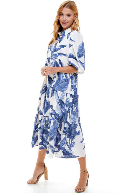 Blue Palm Print Maxi Collar Dress