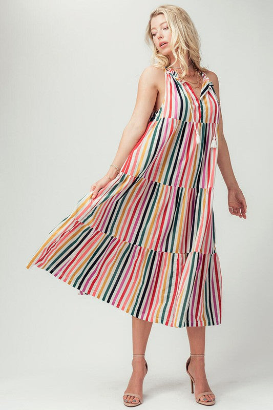 Stripe Ruffle Tiered Midi Dress