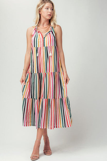 Stripe Ruffle Tiered Midi Dress