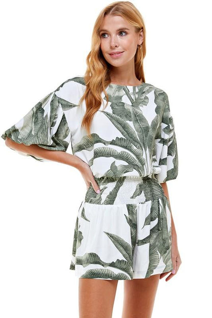 Green Palm Print Elastic Waist Short