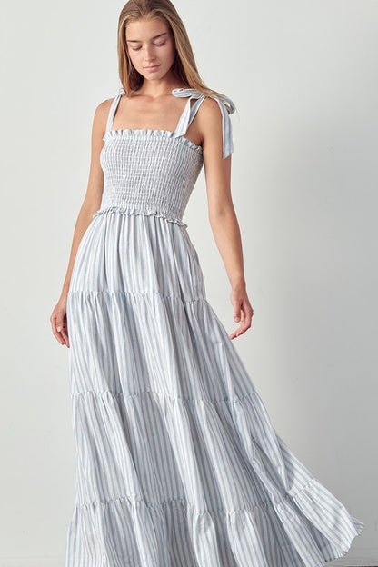 Blue Stripe Tie Strap Tiered Maxi Dress