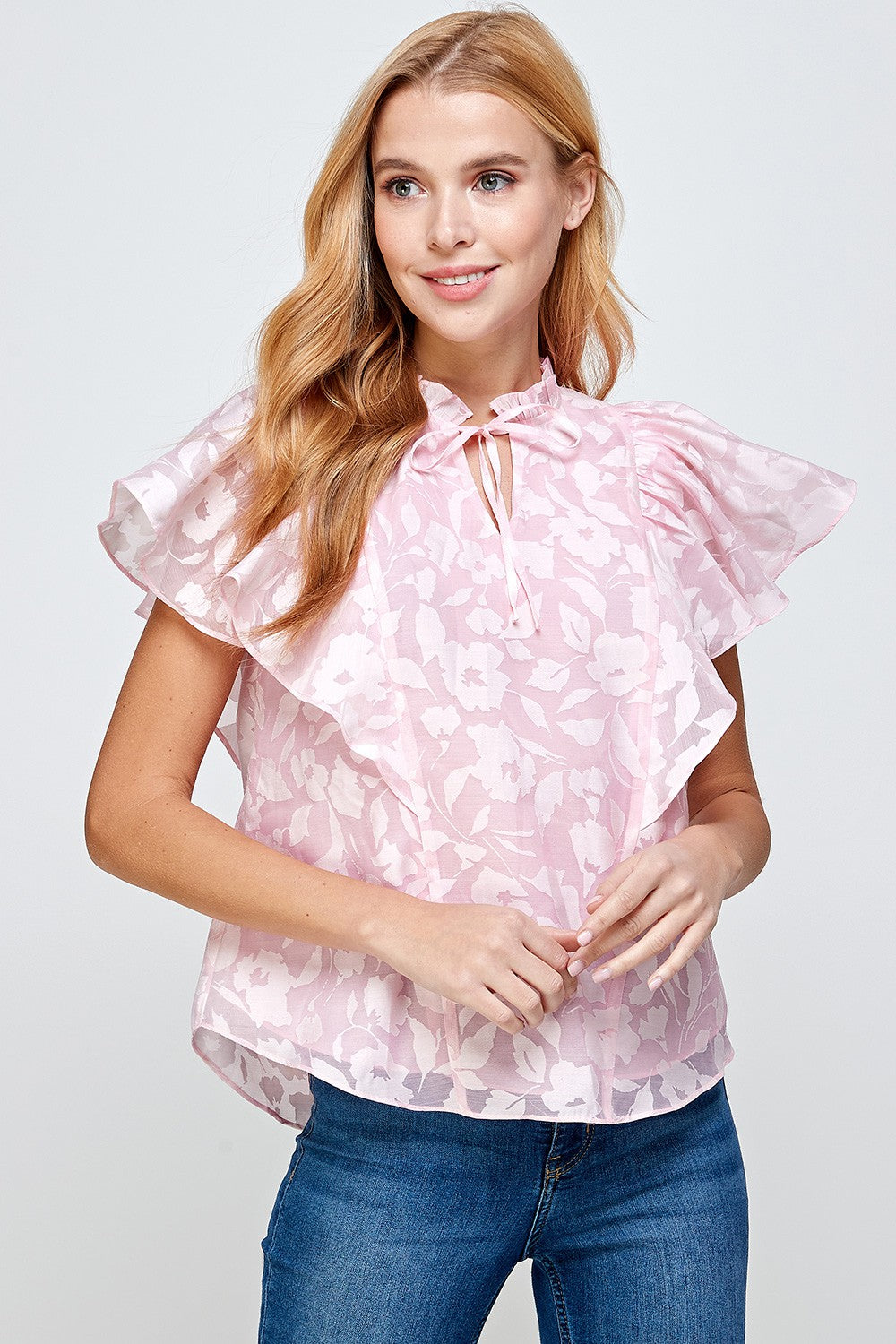 Pink Floral Ruffle Slv Blouse