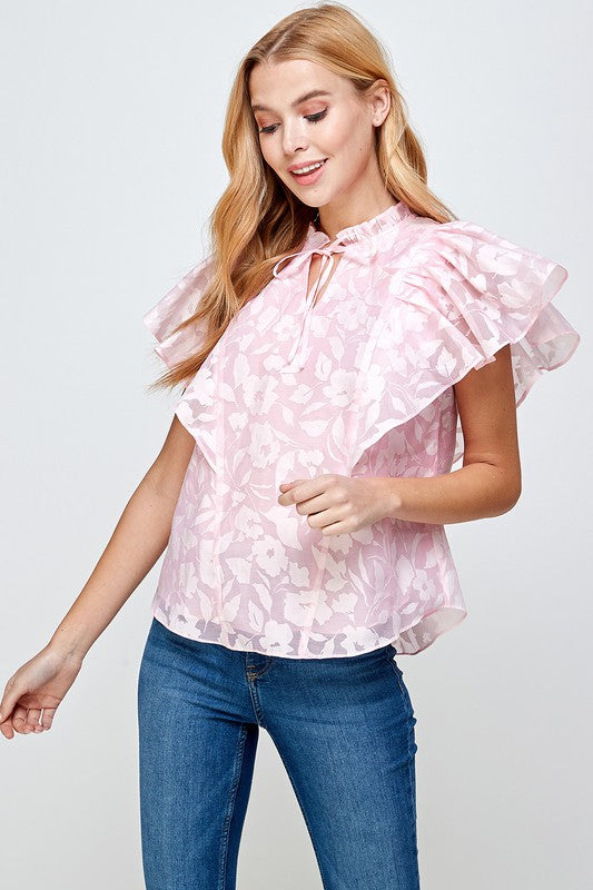Pink Floral Ruffle Slv Blouse